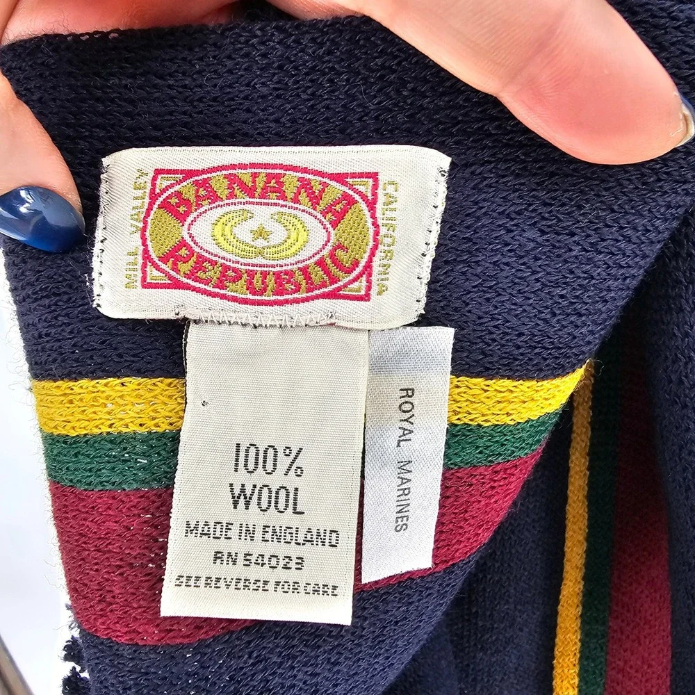 Vintage 80s Banana Republic Wool Regimental Stripe Scarf Made in England Navy